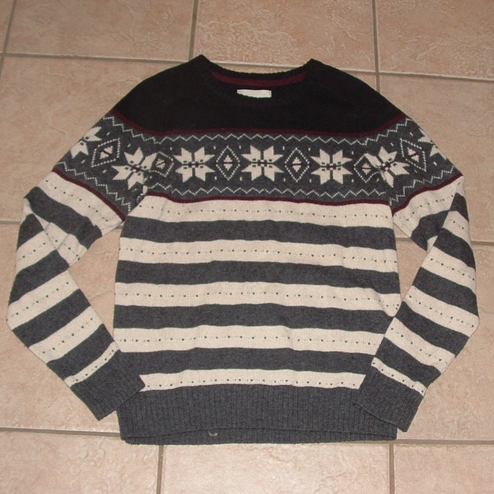 Mens Sz Small Stretchy Wool Blend Fair Isle Crew Neck Sweater HAGGAR
